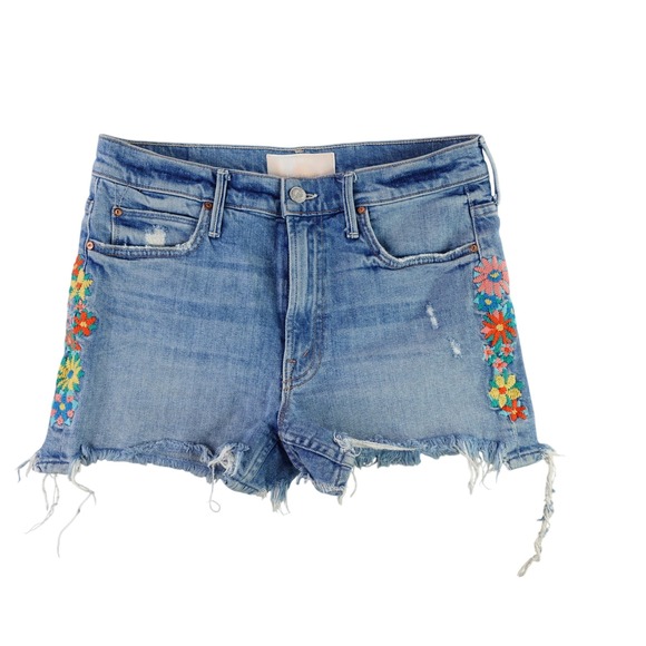 MOTHER Pants - Mother The Dutchie Chew Short Women 28 Blue Floral Embroidered Distressed Denim